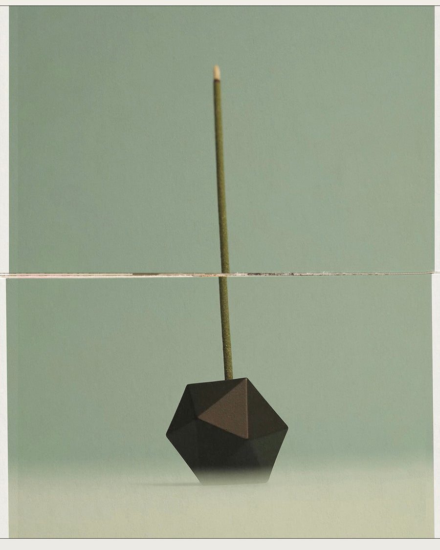 Hestia 20-sided geometric incense holder in matte black. Geometric sculpture with a hexagonal base and vertical rod on a light green background