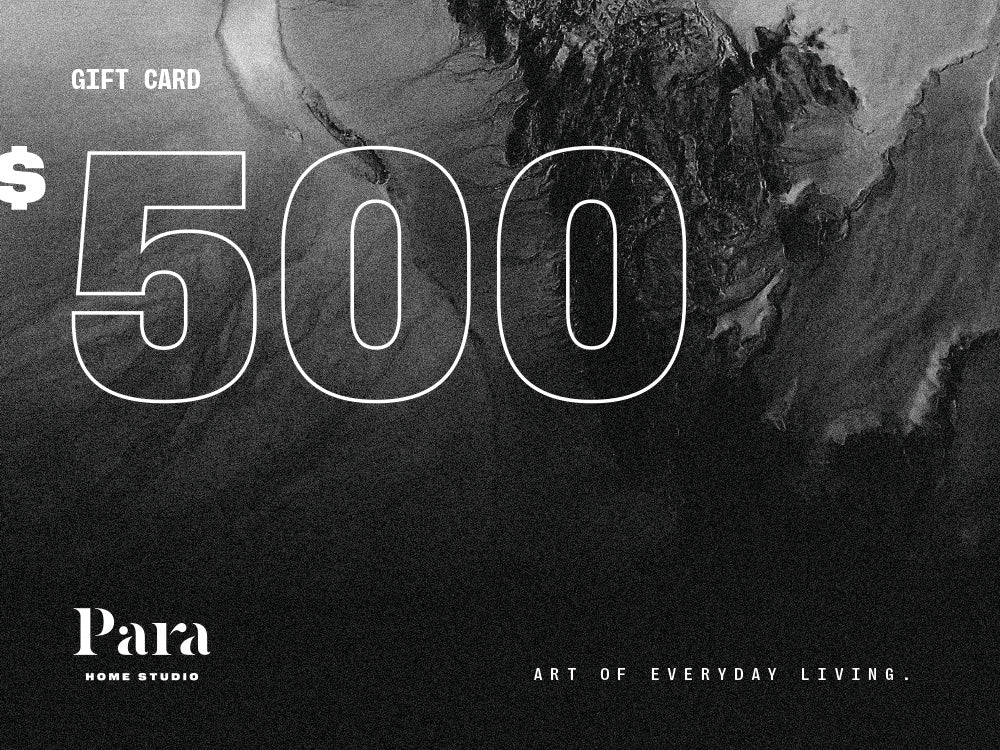 Gift card with $500 value and 'Para Home Studio' branding on a textured background.