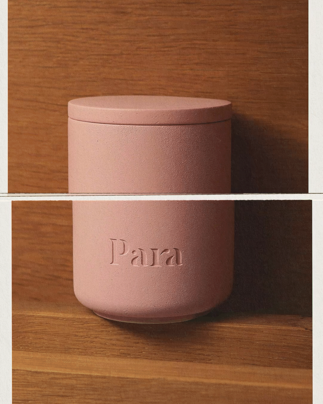Sweet Mirage pink concrete candle jar with lid by Para Home Studio and beautiful candle packaging