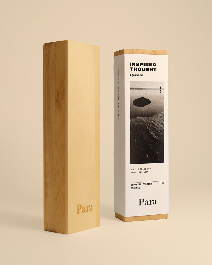 Inspired Thought Agarwood Japanese Incense sticks presented in a traditional Paulownia wood box Para branded packaging on a beige background Protective and sustainable Paulownia wood packaging for Para Home Studio incense