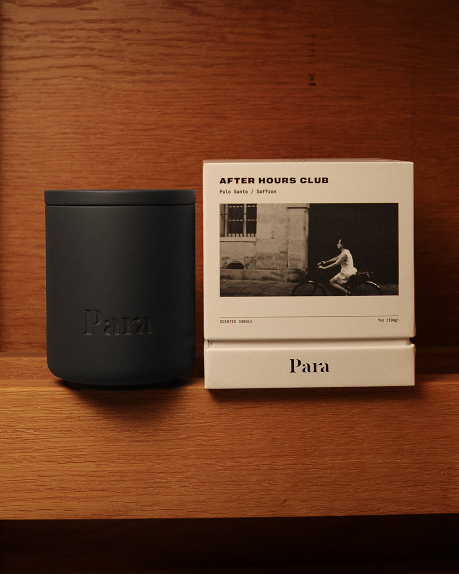 After Hours Club hand-poured palo santo and saffron candle in a black concrete vessel by Para Home Studio