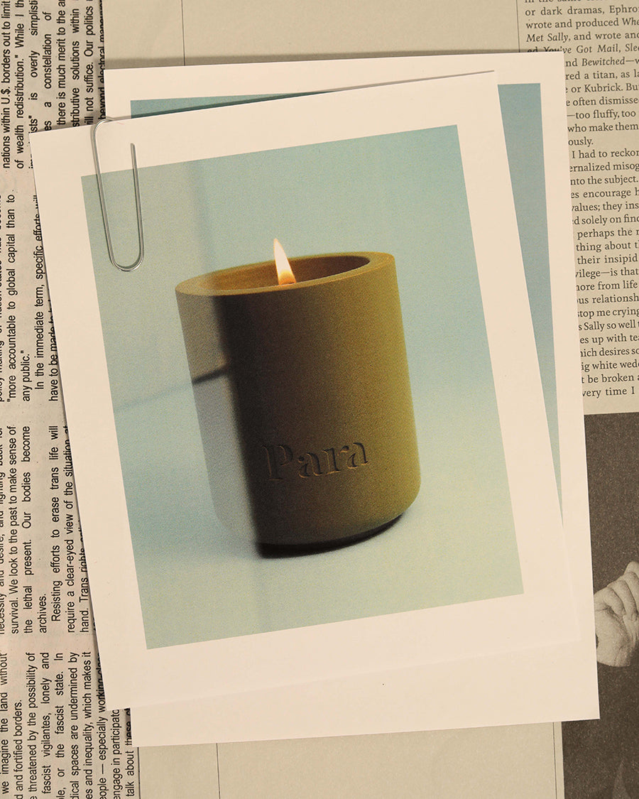 Beyond the Pines hand-poured pine and oak moss candle in a green concrete vessel by Para Home Studio