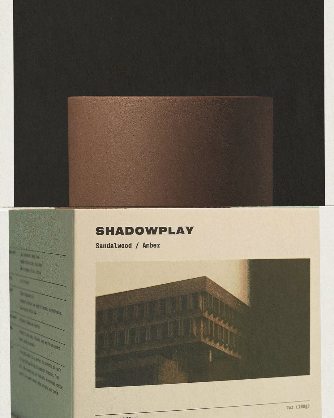 Shadowplay hand-poured sandalwood and amber candle in a brown concrete vessel by Para Home Studio