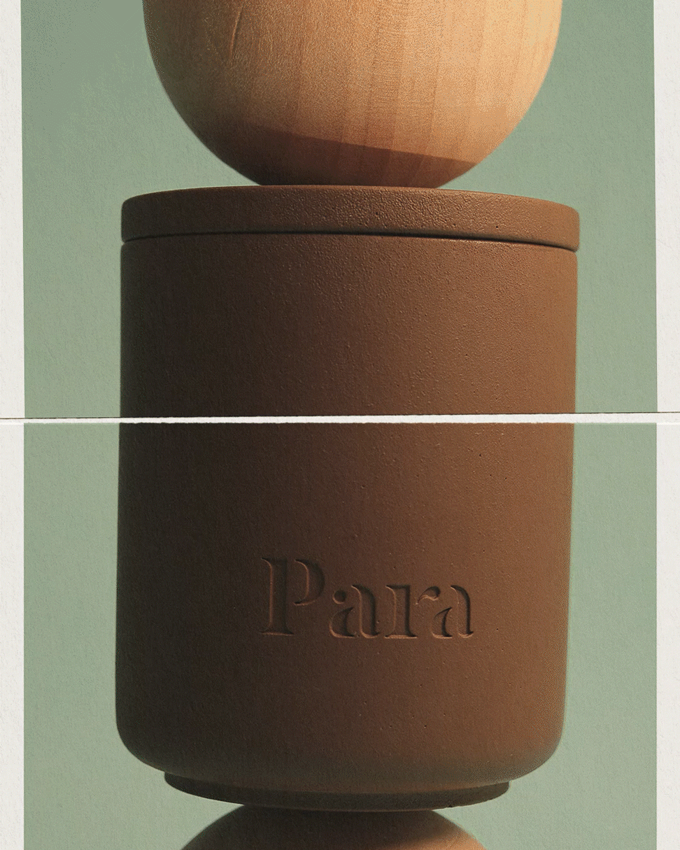 Shadowplay hand-poured sandalwood and amber candle in a brown concrete vessel by Para Home Studio