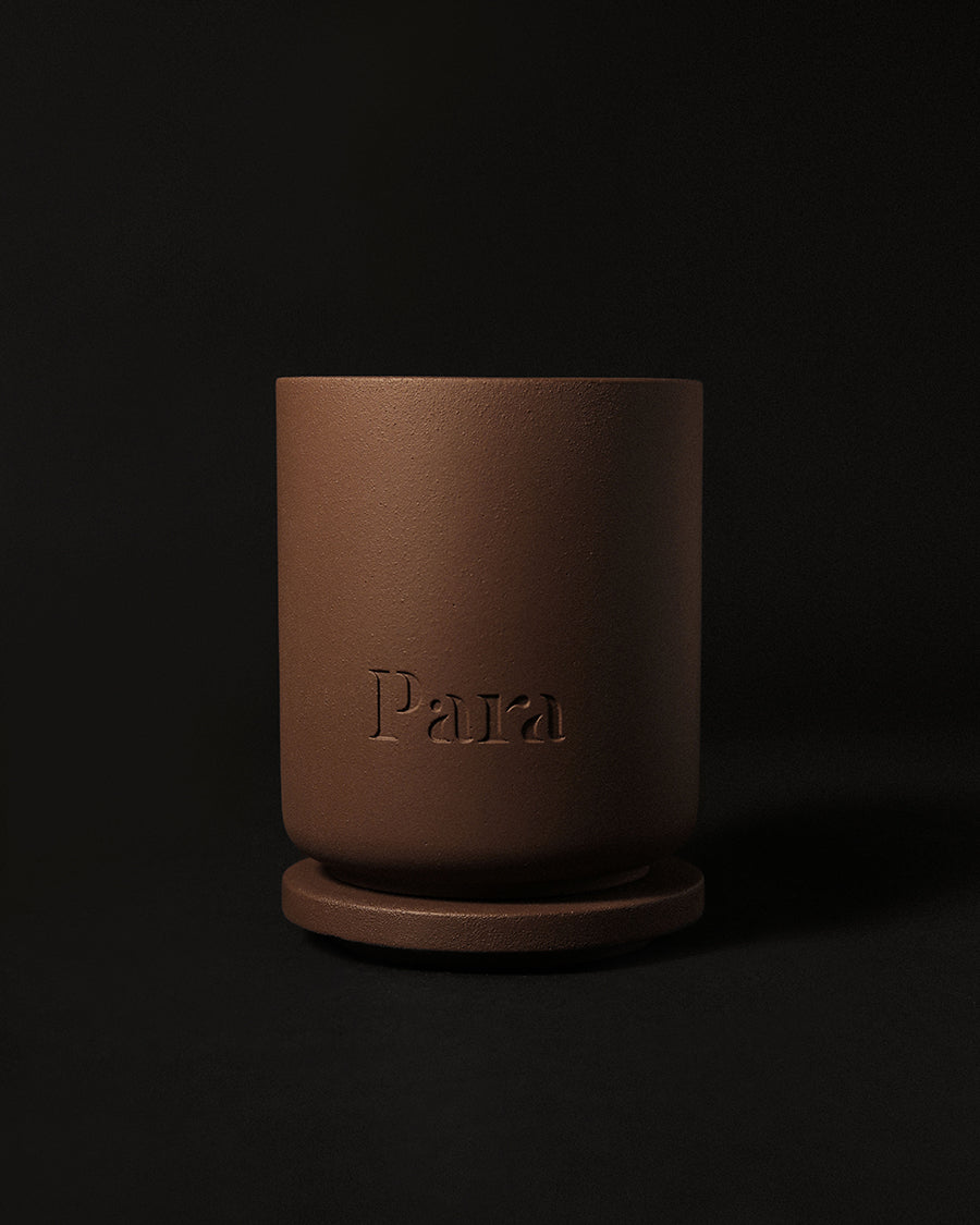 Minimalist brown cement candle jar with lid featuring luxury sandalwood and vetiver fragrance