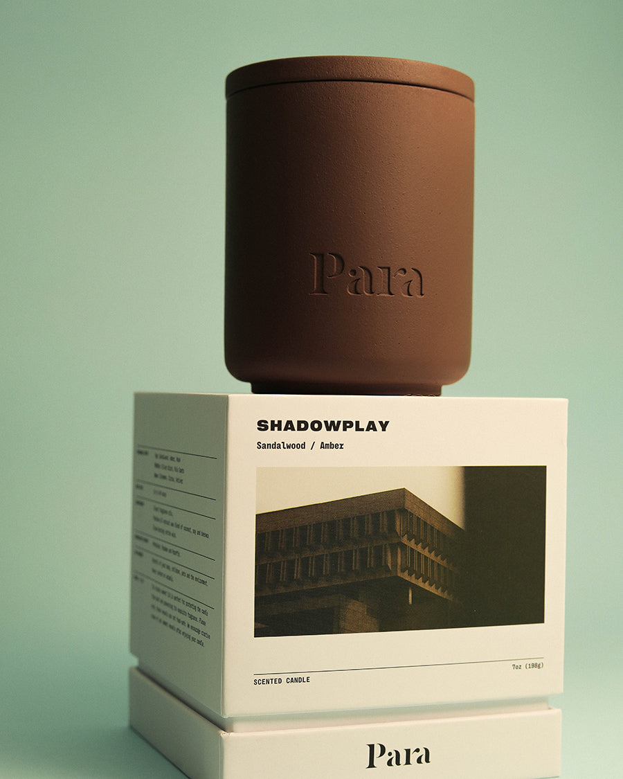 Minimalist brown cement candle jar with lid featuring luxury sandalwood and vetiver fragrance