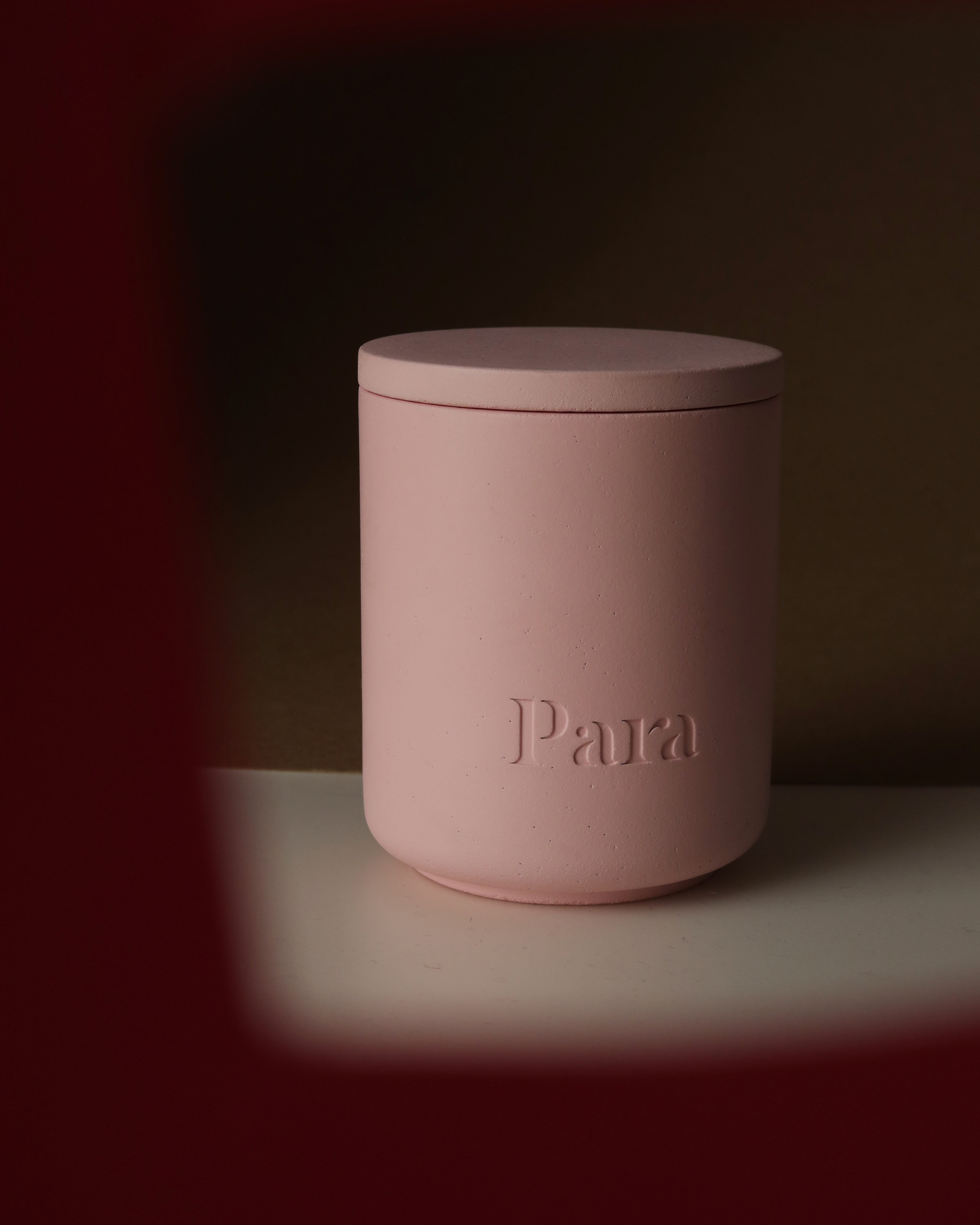Sweet Mirage pink concrete candle jar with lid by Para Home Studio