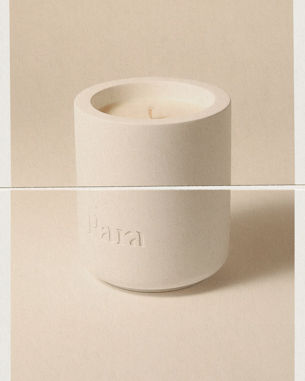Minimalist white cement candle jar with lid featuring luxury neroli and palo santo fragrance