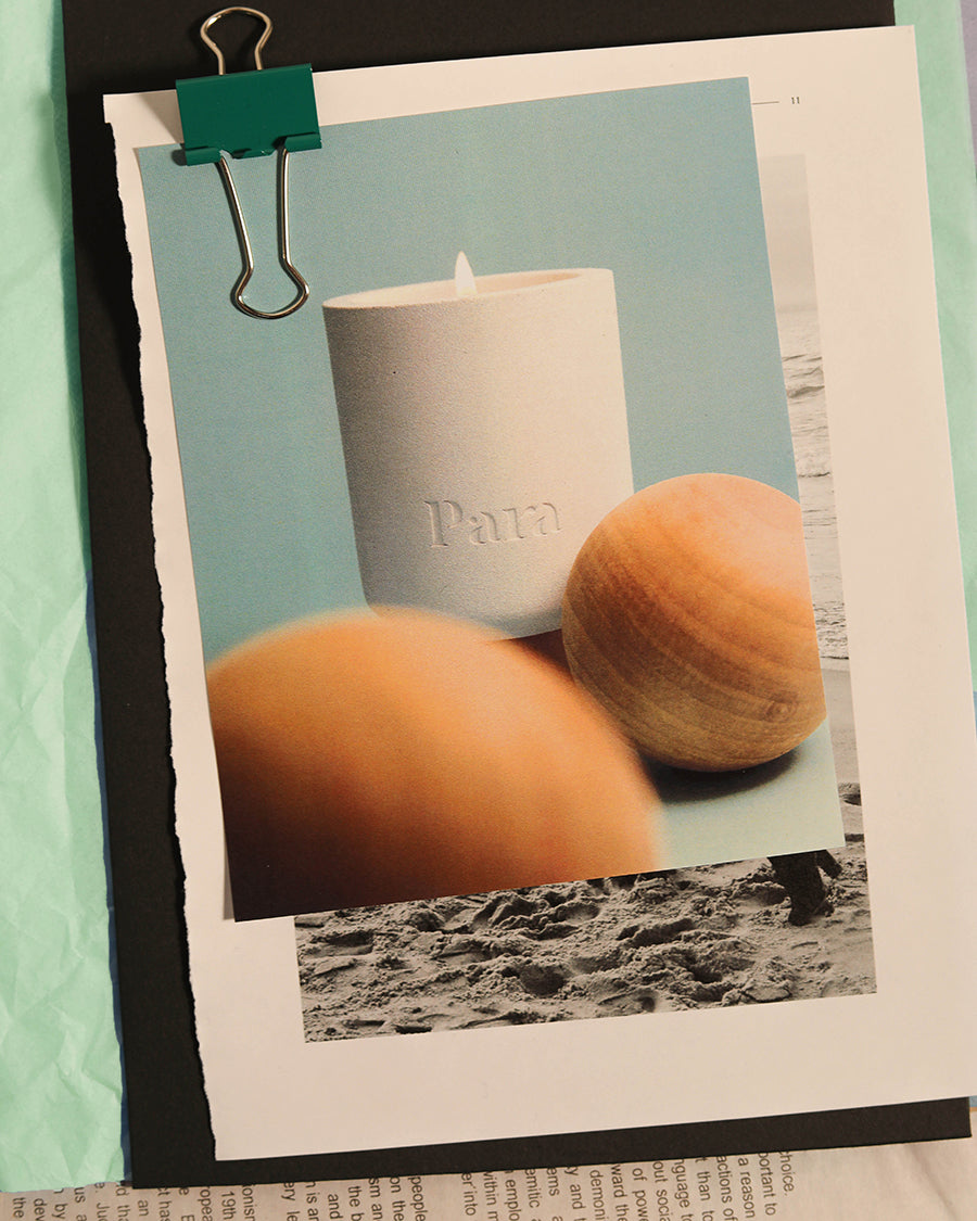 Minimalist white cement candle jar with lid featuring luxury neroli and palo santo fragrance